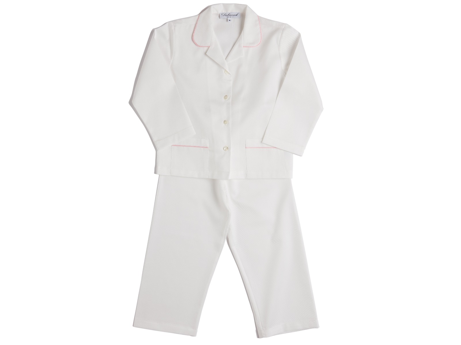 Siebaneck, i pigiami artigianali italiani: - bambino- mod.1 bis bianco profilo rosa 