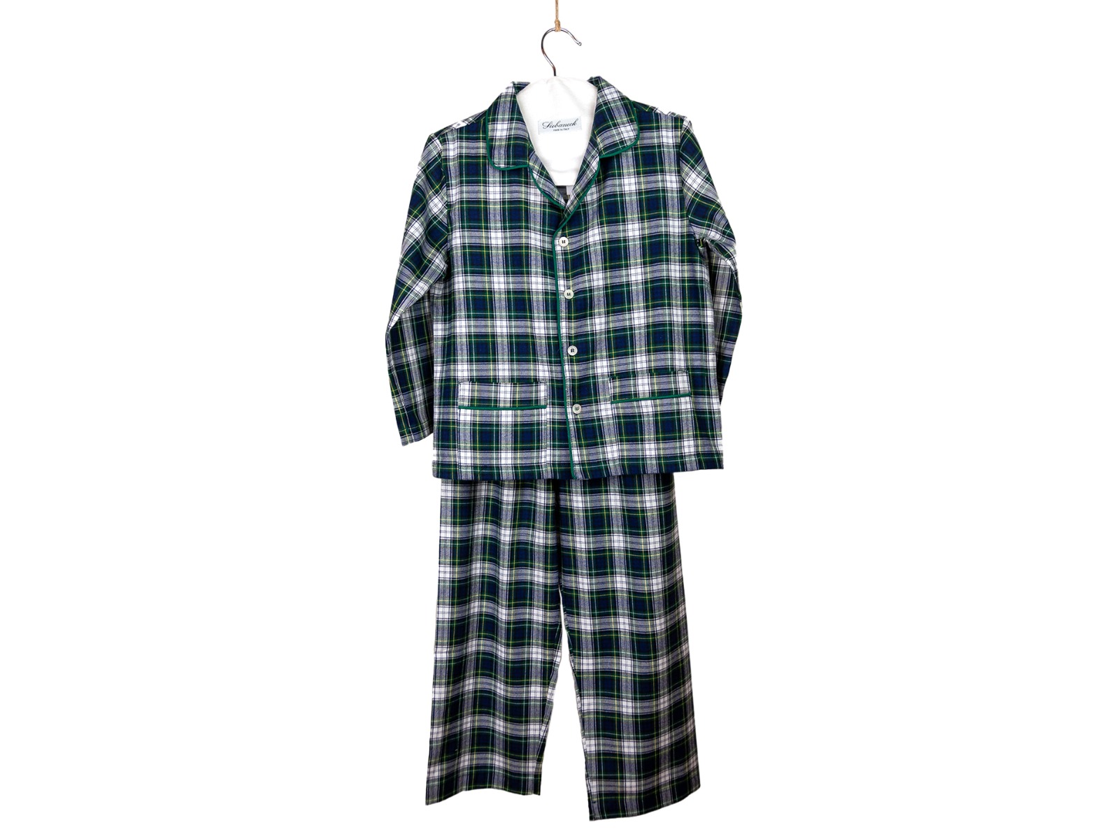 Siebaneck, i pigiami artigianali italiani: - unisex- mod.190 scozzese bianco blu verde profilo verde