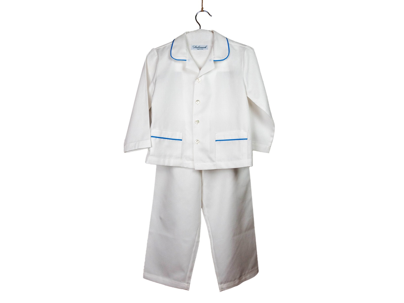 Siebaneck, i pigiami artigianali italiani: - bambino- mod.1 bis bianco profilo bluette