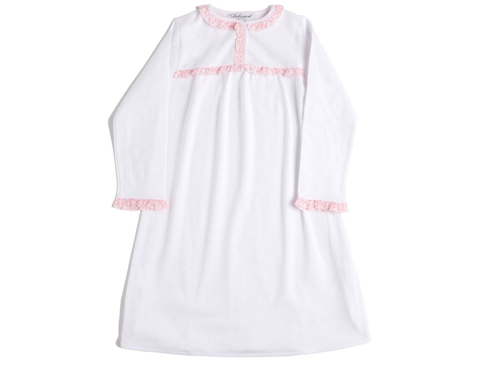 Siebaneck, i pigiami artigianali italiani: - bambina - mod. 100 Bimba bianco/ fiori rosa