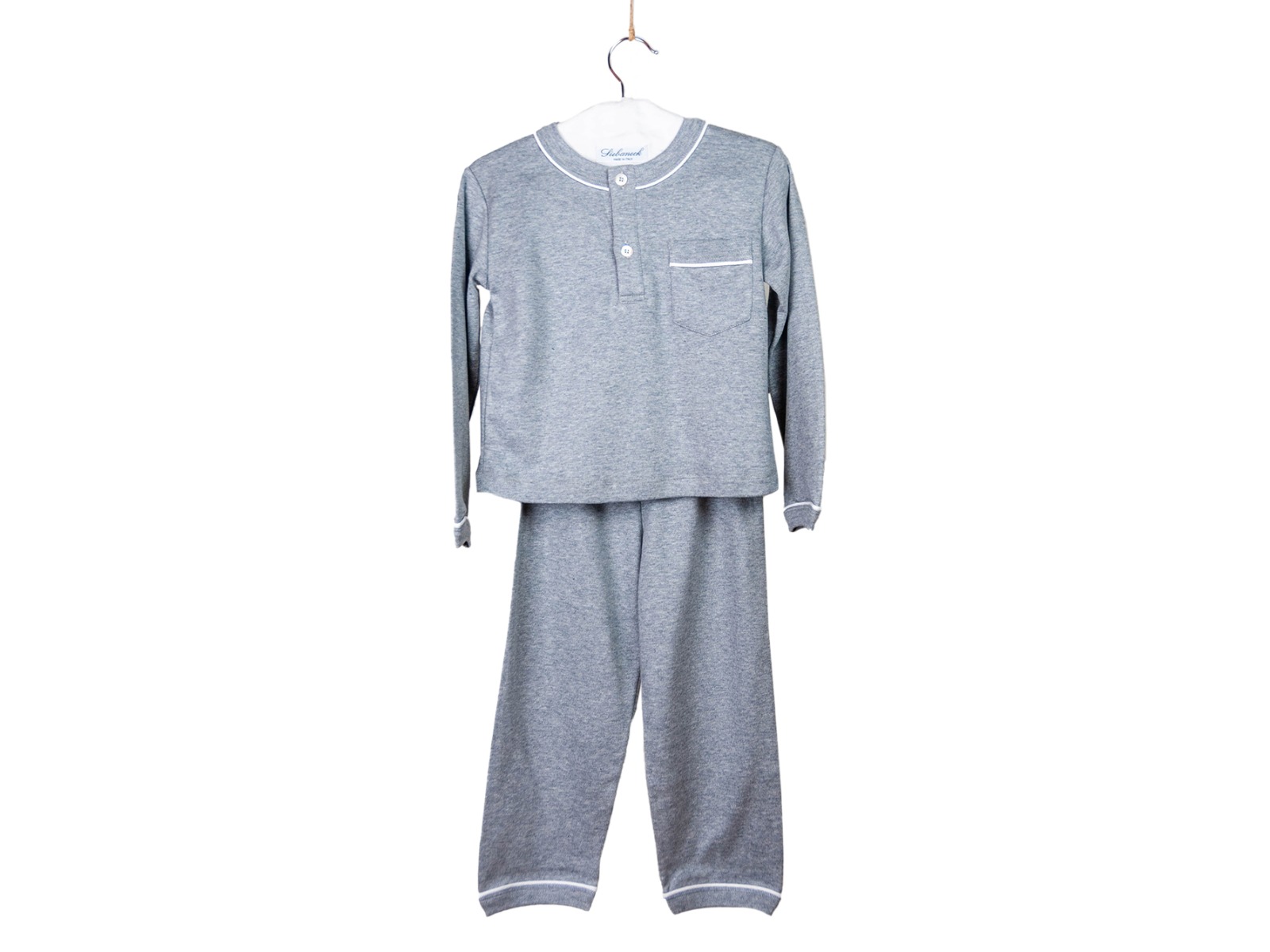 Siebaneck, i pigiami artigianali italiani: - bambino - mod.2 Bis bambino grigio profilo bianco 